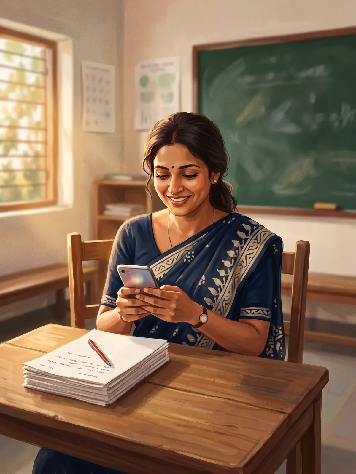A teacher at her desk in an Indian classroom, smiling at a phone while a stack of answer sheets sits beside her