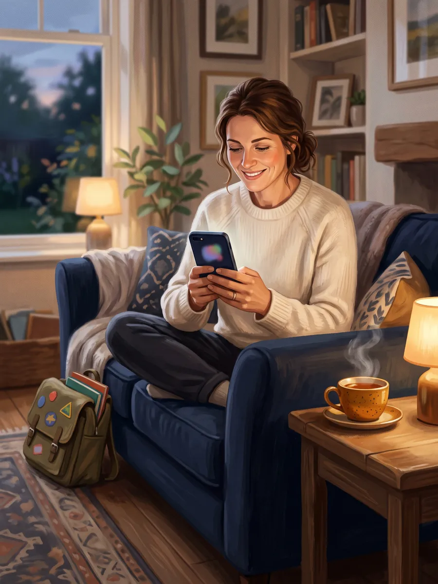 A parent at home reading a message on their phone