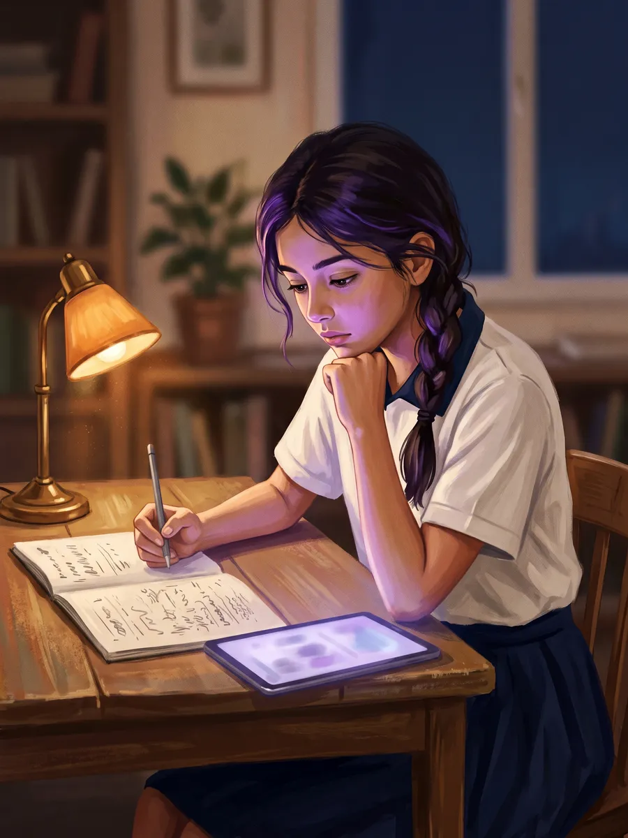 A Class 8 student in school uniform studying with a tablet at a desk